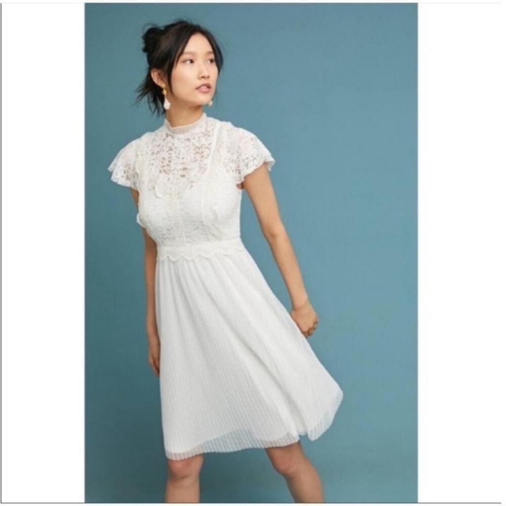 NWT Feather Bone Anthropologie Greenwich Lace Dress Size 4 Ivory Pleated Skirt